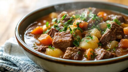 Hearty stew, steaming hot