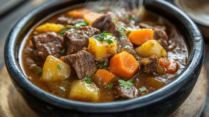 Hearty stew steaming in bowl