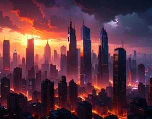 Fototapeta premium Futuristic city skyline at sunset