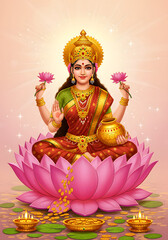 Fototapeta premium Hindu goddess Lakshmi sitting on a lotus flower, holding lotuses and a pot of gold coins.