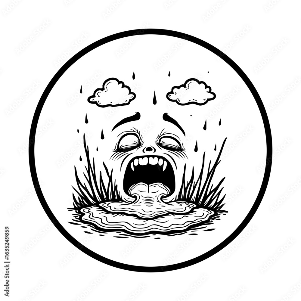 Aufkleber disturbing image depicting a character with a wide open mouth seemingly vomiting water under rain an