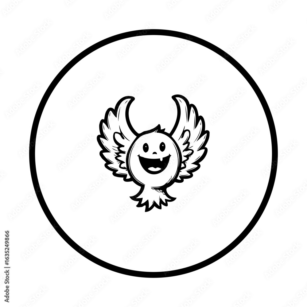 Poster whimsical cartoon character with wings and a happy expression isolated inside a circle vector art
