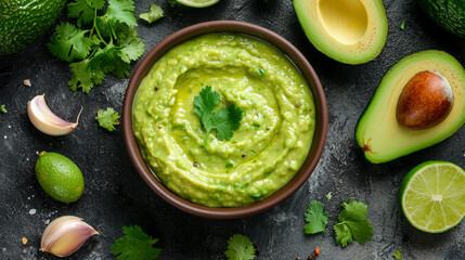 Fresh homemade guacamole in a bowl with avocado lime garlic cilantro and lime slices on a dark...