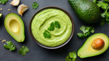 Fresh homemade guacamole dip with ripe avocado garlic lime cilantro on dark background healthy...