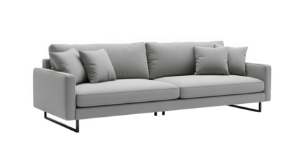 Modern light gray fabric upholstered three seater sofa with plush throw pillows isolated on transparent background