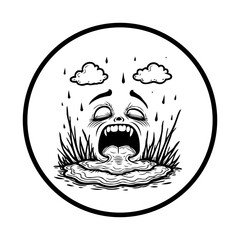 Disturbing image depicting a character with a wide open mouth seemingly vomiting water under rain and clouds representing sadness