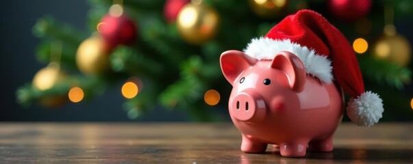 Red Santa hat piggy bank, festive Christmas tree backdrop, santa hat, christmas gift