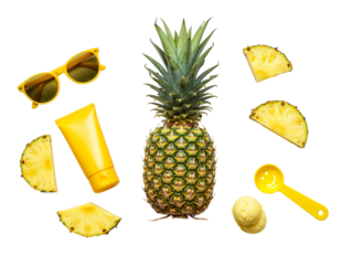 Whole ripe pineapple with slices sunglasses sunscreen and a smiley face shovel isolated on transparent background