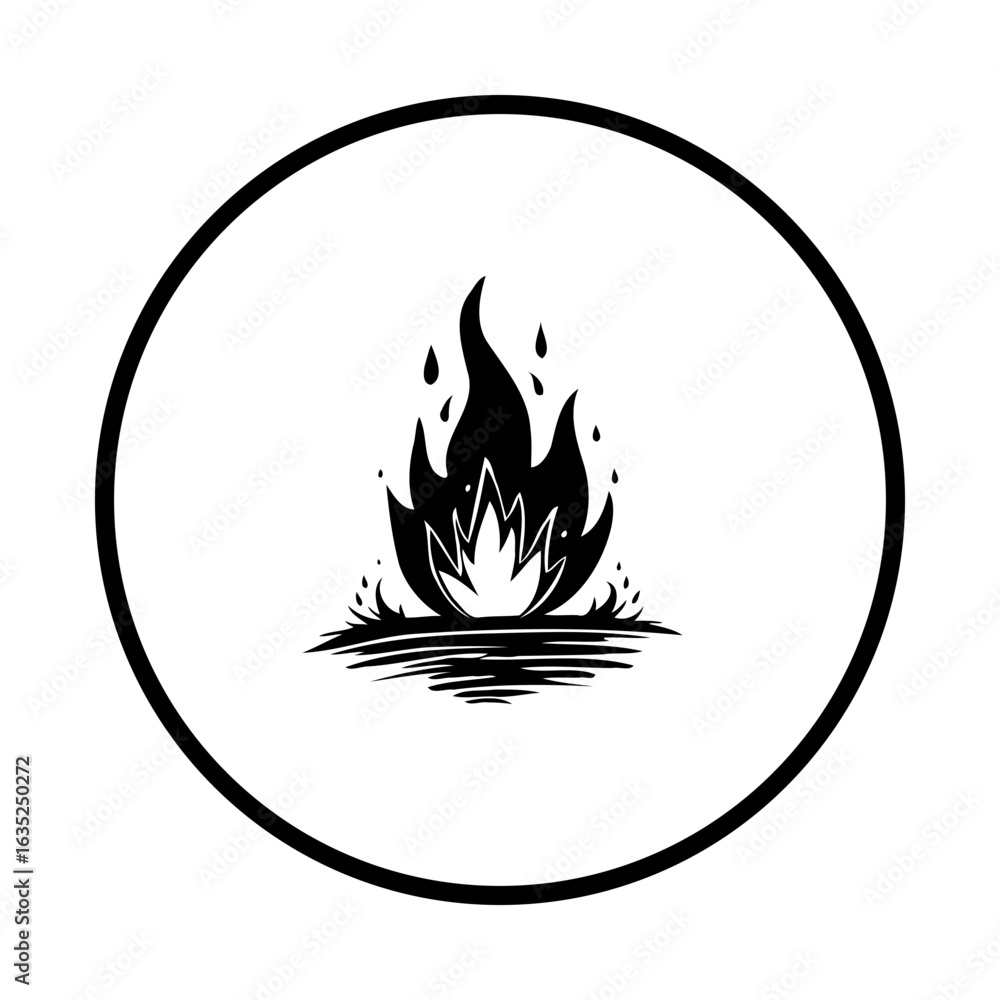 Poster isolated vector graphic of a stylized flame within a circle depicting fire and warmth with simplisti