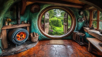 Hobbit-like home with fireplace and garden view