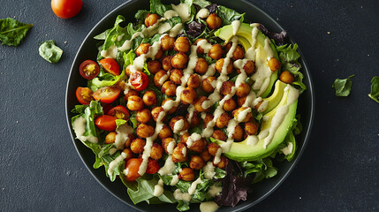 Fresh Mediterranean Chickpea Salad with Lettuce Cherry Tomatoes Cucumbers and Feta Cheese on Black...