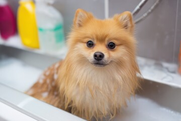 Pomeranian in a dog grooming salon bathroom Toned image highlighting dog grooming and care Vertical shot of a Spitz being shampooed
