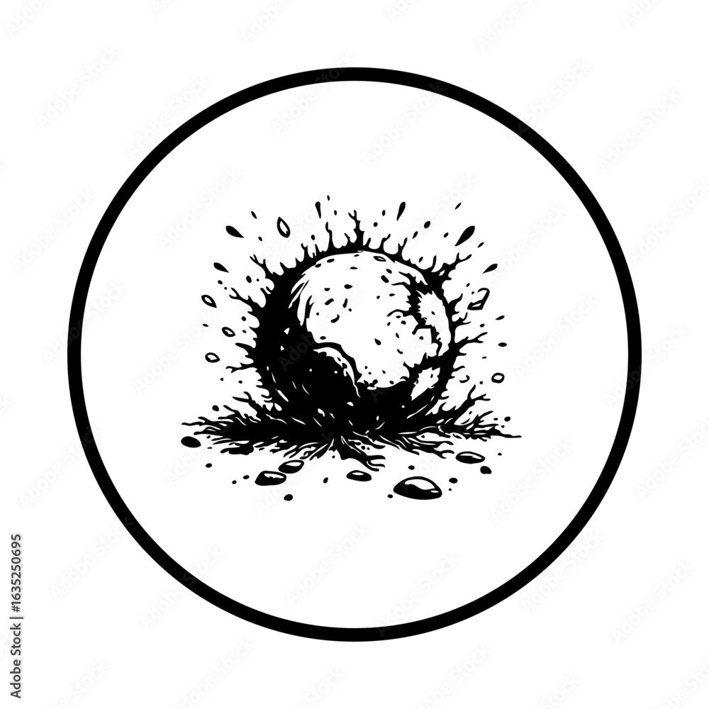 Poster stylized artistic graphic of a textured sphere explosion within a simple circular frame design
