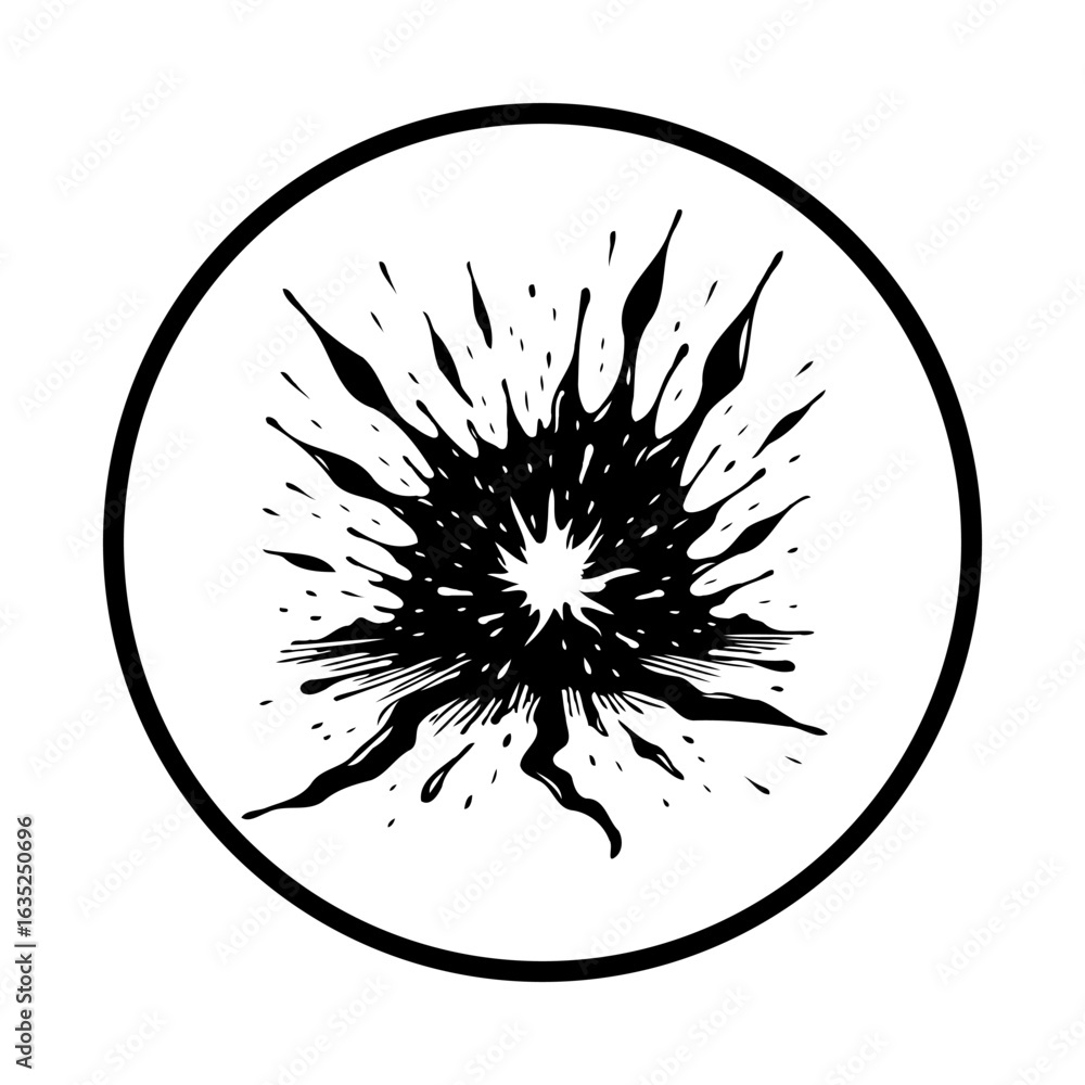 Poster dramatic ink splattered circle emblem featuring burst explosion inside black frame creating captivat