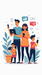 Obraz premium A modern family living in the digital era, with parents and children using their gadgets
