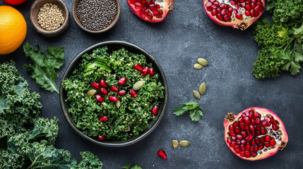 Fresh organic green kale salad with pomegranate seeds and pumpkin seeds in a black bowl surrounded...