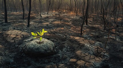 Hopeful sprout in charred forest