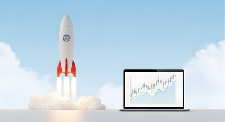 A Rocket Launches Towards The Sky With A Growing Graph On A Computer Screen