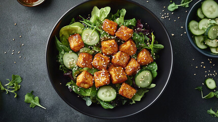 Fresh vegetable salad with crispy tofu cubes and cucumber slices served in a black bowl on a dark...