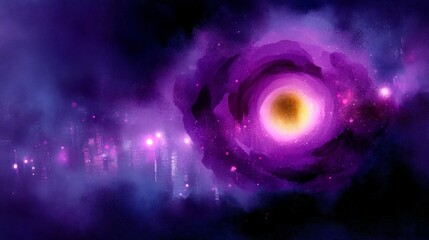 Obraz premium Abstract swirling purple nebula with glowing golden center and distant city lights