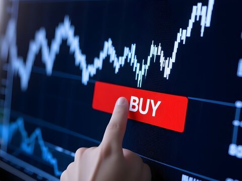 Investor's finger touching BUY button on stock market chart, signifying a smart investment decision