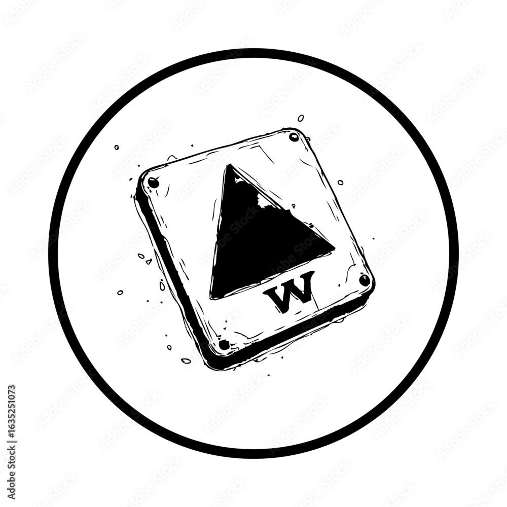 Poster illustration of a card with letter w and a triangle inside a circle providing an abstract design sty