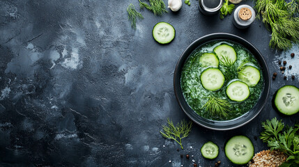 Fresh cucumber slices in a black bowl resting on a dark textured surface surrounded by herbs and...