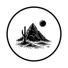 Black and white desert landscape vector illustration featuring a cactus mountain and sun isolated on the white background © LgsDesign