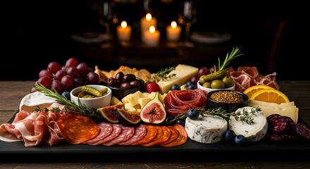 Dark Wooden Board Featuring Assorted Cheeses Meats Fruits And Olives Under Romantic Candlelight