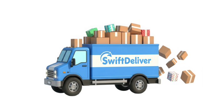Blue delivery truck loaded with many cardboard boxes and packages in motion isolated on transparent background