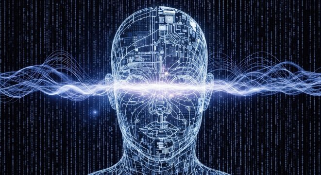 Digital rendering of a human head with glowing light and energy waves emanating from the forehead, set against a binary code background.