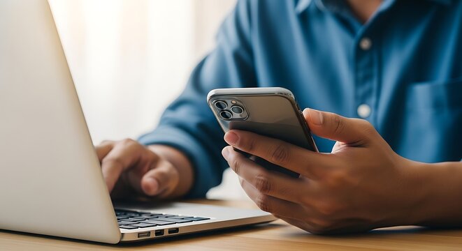Man using smartphone and laptop for work or communication in a bright office
