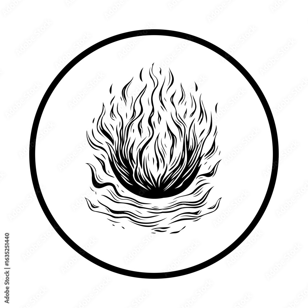 Poster illustration of flames and waves inside a circle representing a symbol of transformation and change 