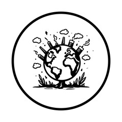 Industrial impact on the earth: factories polluting globe illustration, environmental concerns concept, global warming and pollution leading to climate change