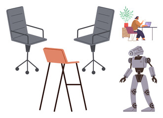 Office chairs, high stool, humanoid robot, and person working at desk with a laptop. Ideal for innovation, workplace, design, technology future productivity education. Simple flat metaphor