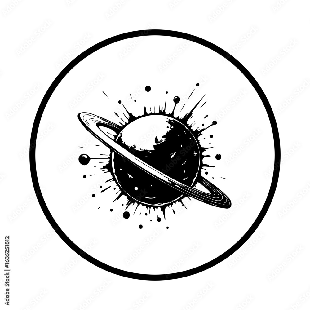 Poster monochrome saturn illustration with artistic splatters representing cosmic events and outer space ex