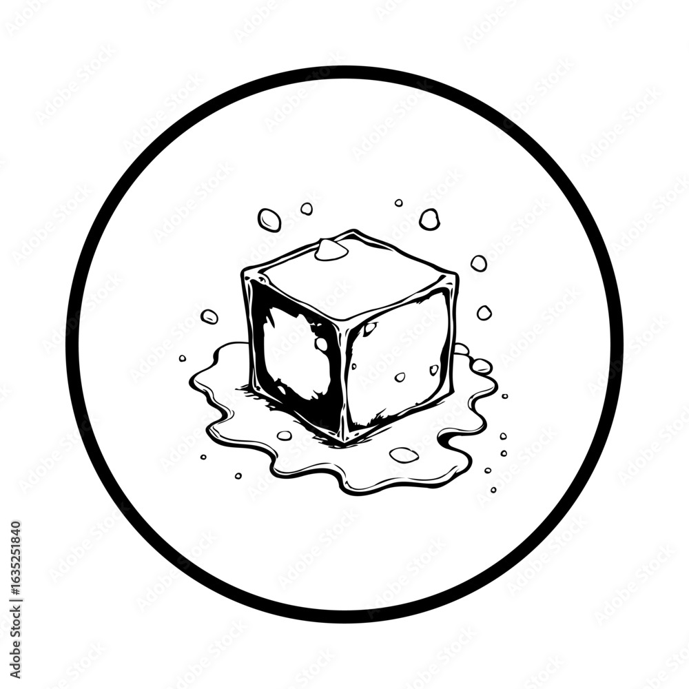 Poster an isolated ice cube melting within a circle, hand-drawn for summer refreshment and artistic project