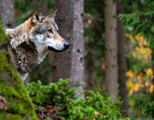 Obraz premium Grey wolf in autumn forest