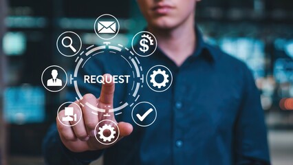 Businessman interacts with digital interface, streamlining business requests and approvals efficiently