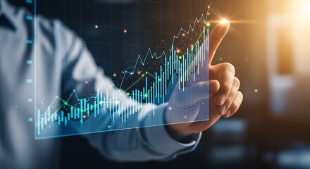 Businessman analyzing financial data and growth graph on a virtual interface
