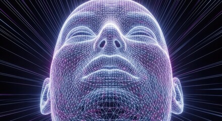 An abstract, low-angle view of a human face constructed from a luminous, glowing grid, set against a background of radiating light beams.