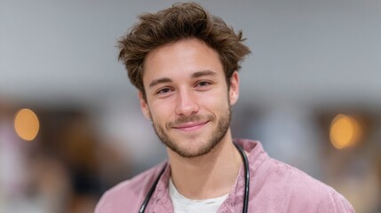 Smiling young man with brown hair and beard wearing a pink shirt and stethoscope