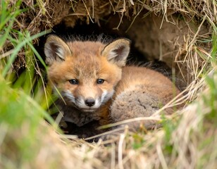 Naklejka premium Fox pup in a burrow