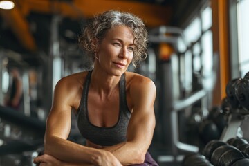 Fototapeta premium Fit and appealing middle aged woman resting at the gym