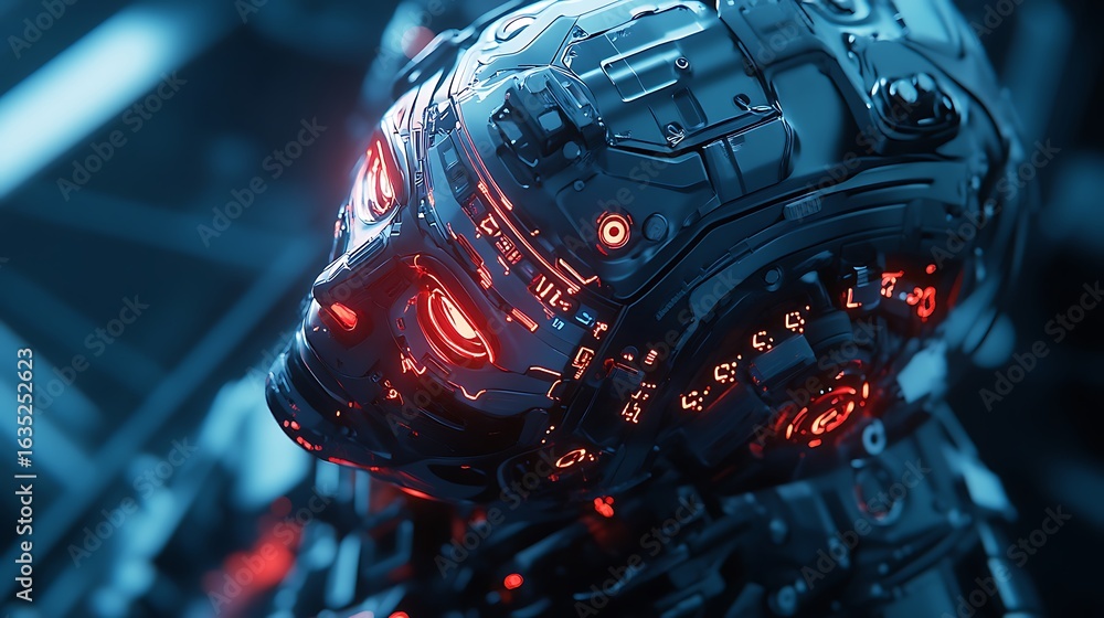 Aufkleber close-up of futuristic android head with glossy black metal glowing red eyes for artificial intellig