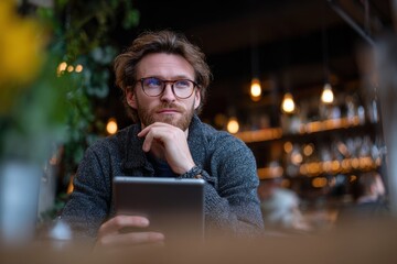 Focused student quietly preparing for an exam alone in a cafe with a tablet