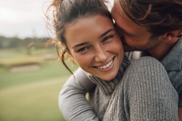 Obraz premium Framed shot of a lovely young couple embracing on the golf course