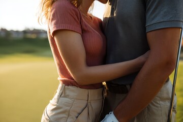 Framed shot of a lovely young couple embracing on the golf course