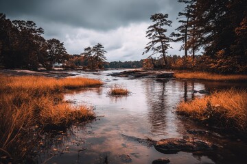 Fototapeta premium Tranquil autumnal river scene with dramatic sky