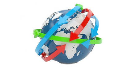 Global network of interconnected arrows circling a stylized earth representing international connections and communication isolated on transparent background